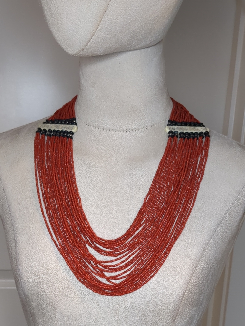 Vintage Red Coral Seed Bead Statement Necklace Multi Layered